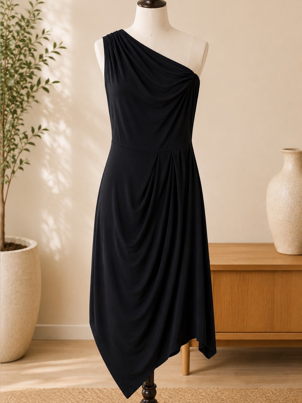 Asymmetric One-Shoulder Black Draped Midi Dress